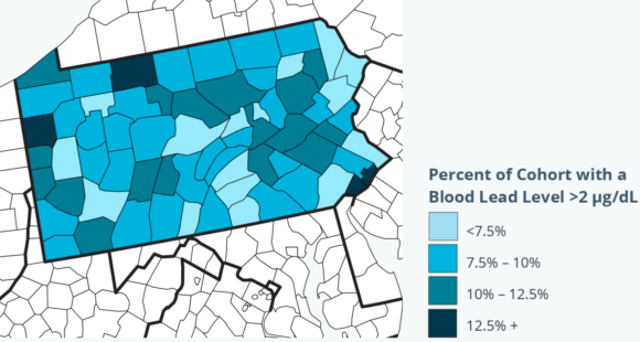  Map of Current Exposure Risks  Lead exposure risks for children born in 2019, shown as the estimated percent of children who will have blood lead levels above 2 ug/dL for each county in the State of Pennsylvania. Darker shades indicate greater risks of lead exposure for children. (Value of Lead Prevention)